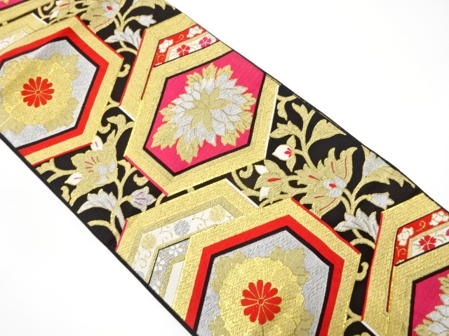 アンティーク　亀甲に花模様織り出し袋帯（着用可）